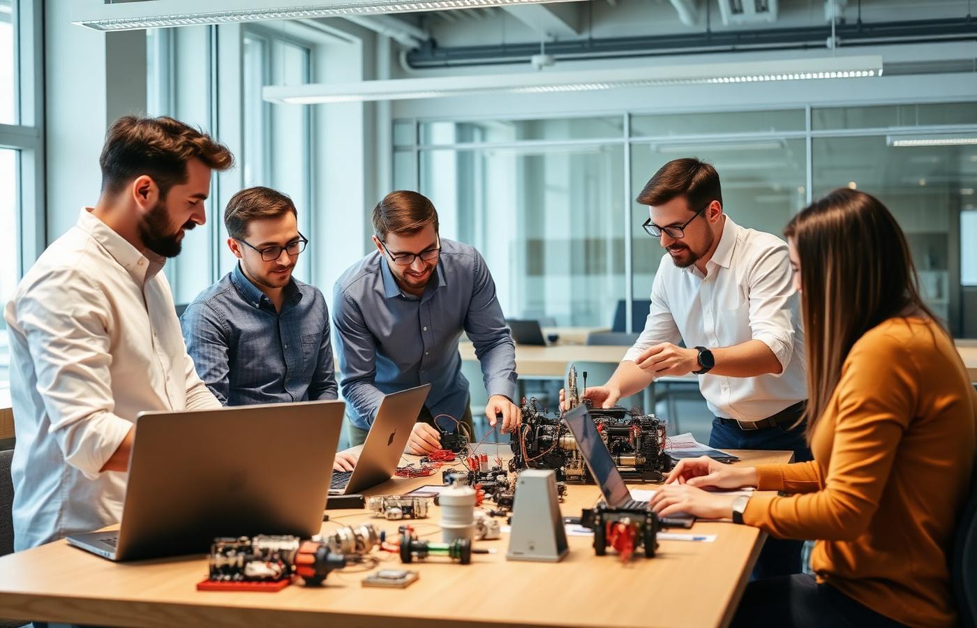 Engineering team collaborating on a mechanical prototype