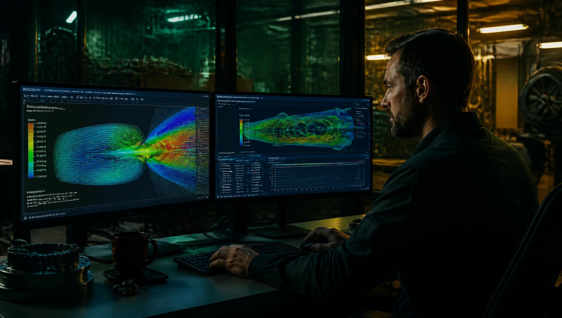 Engineer analysing computational fluid dynamics results on screen