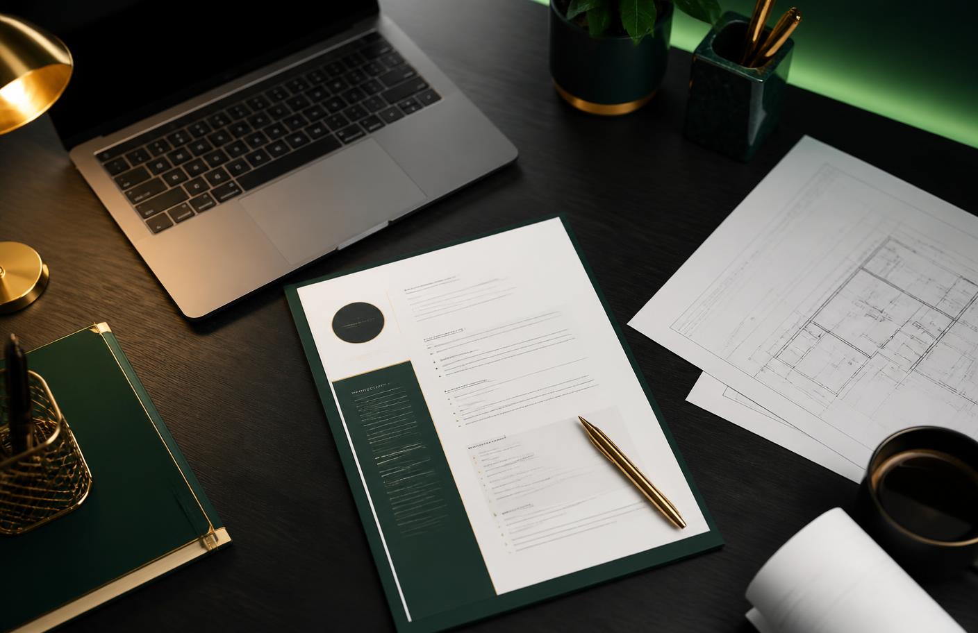 Professional desk with resume and engineering documents